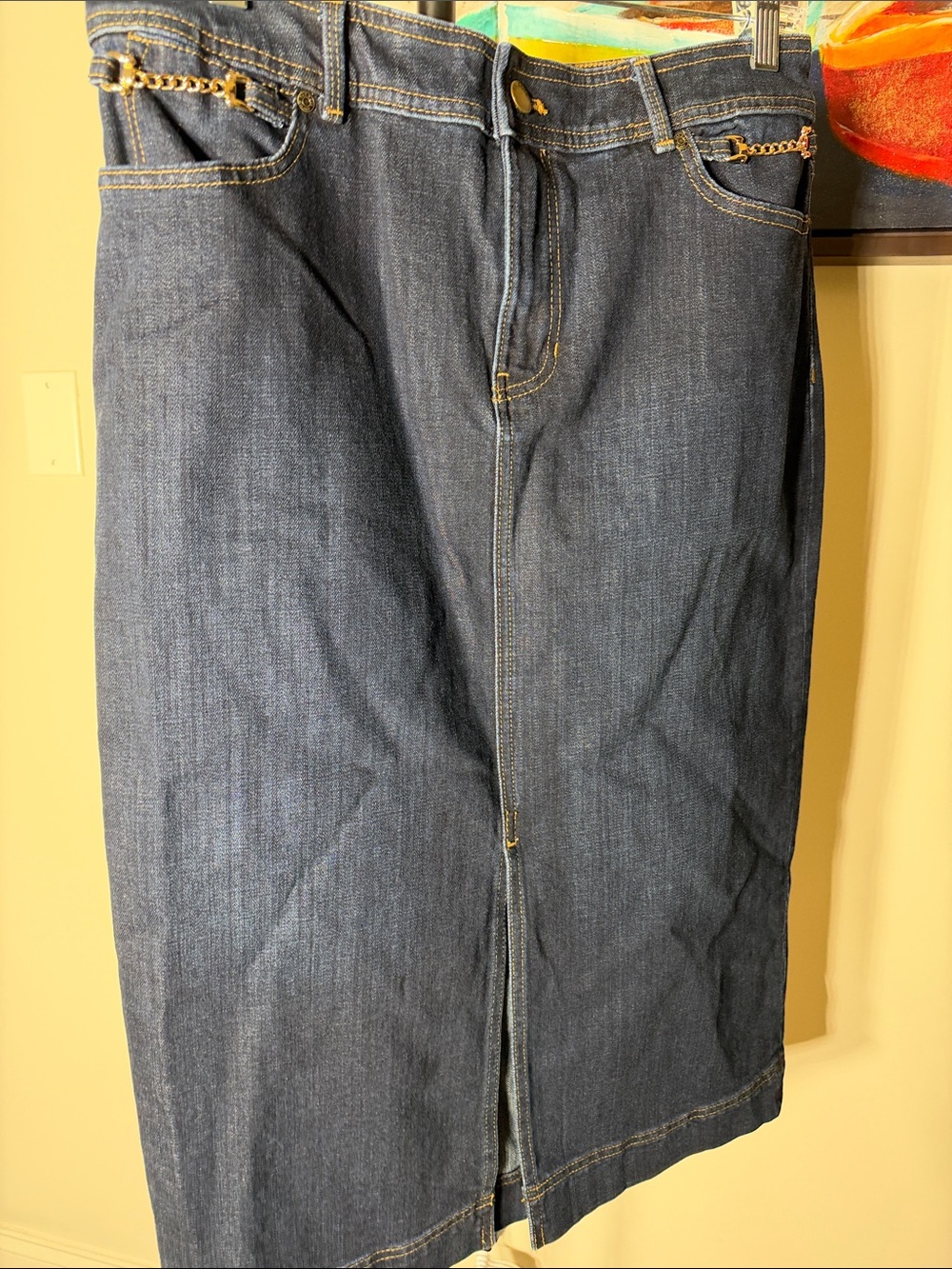 Talbots Dark Blue Denim Pencil Skirt with Gold Chain Trim